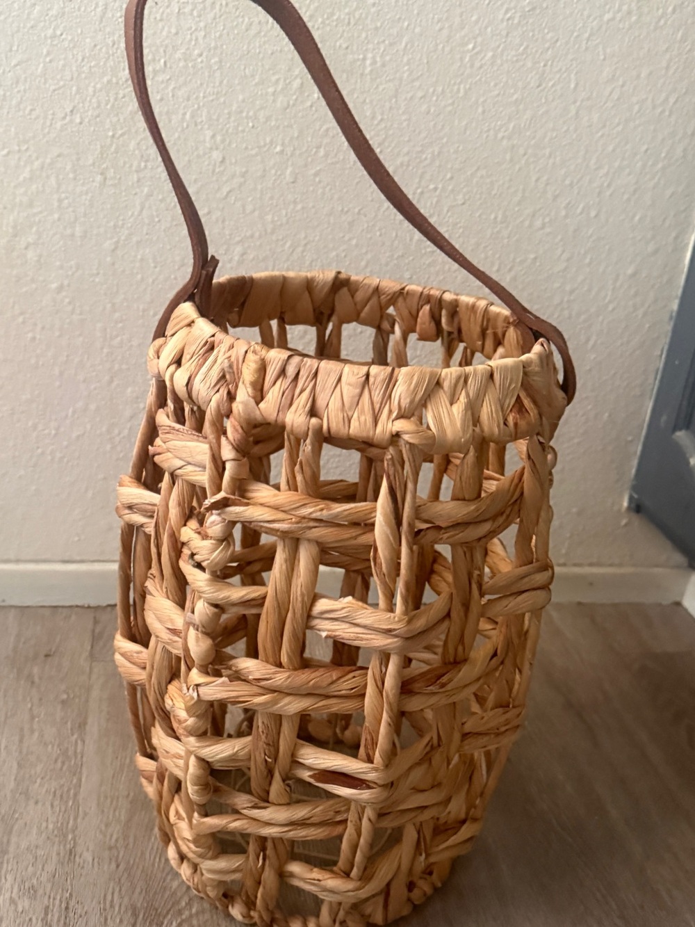 Pottery barn wicker rattan leather strap lantern hanging 15” Woven Straw Basket
